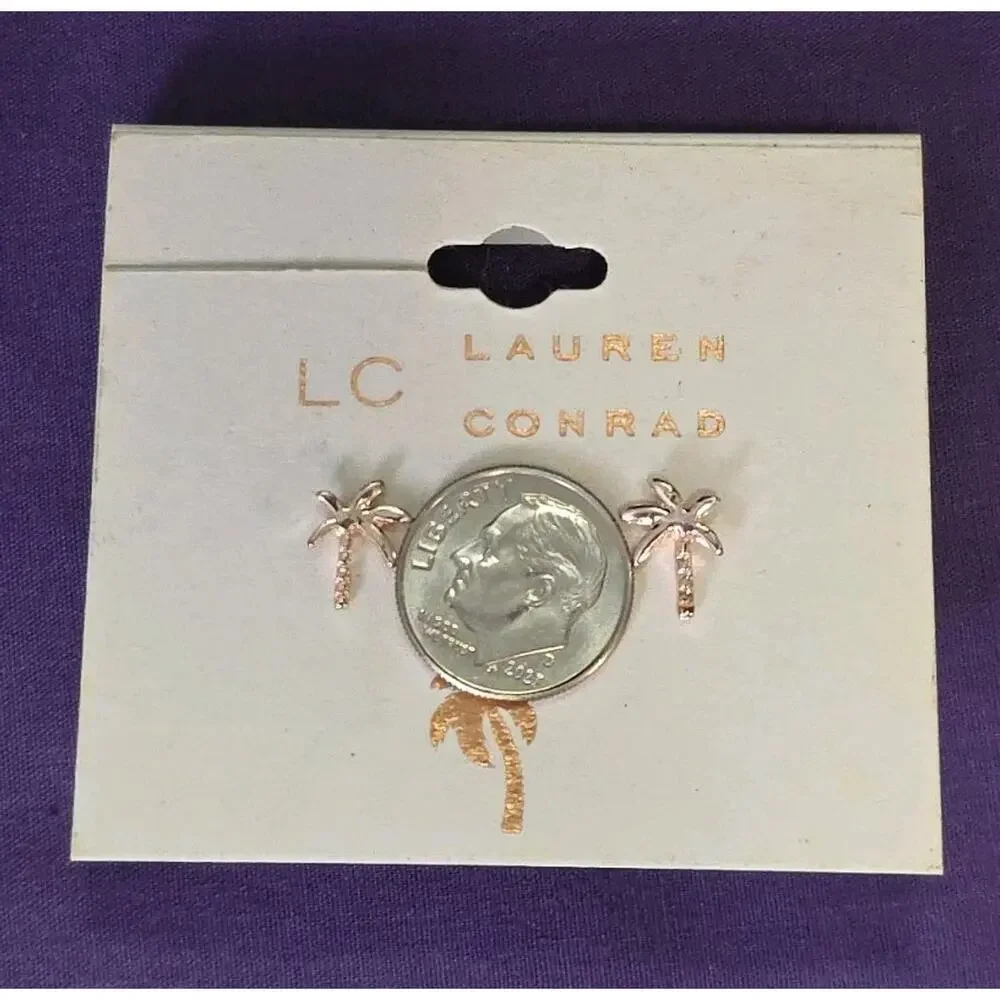 LAUREN CONRAD Palm Tree Earrings Stud Rose Gold Tone Metal Small Pierced